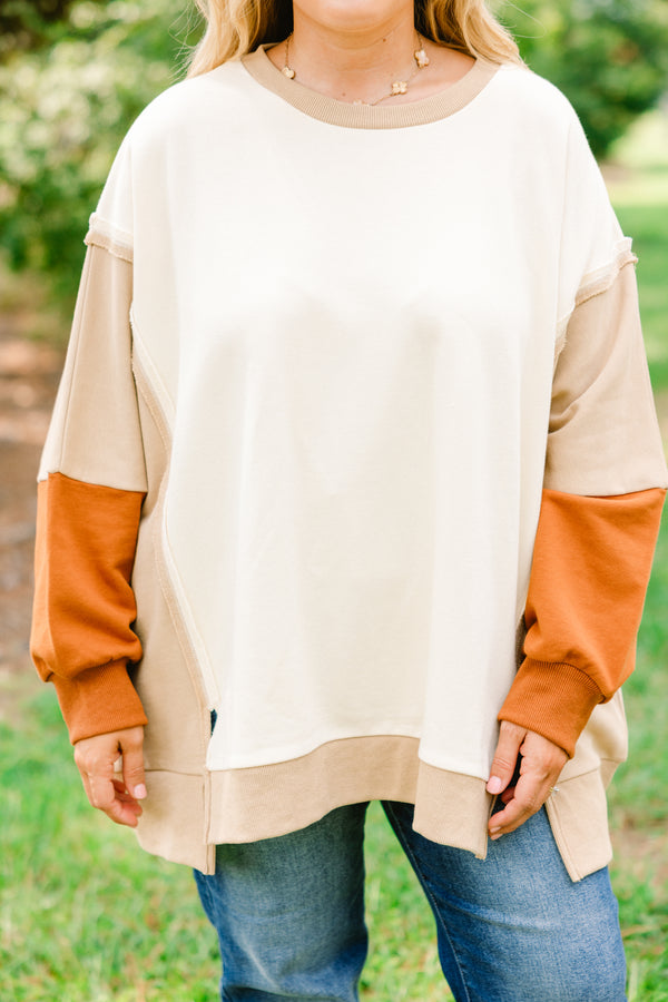 Chic Soul plus size clothing, cream long sleeve crewneck pullover with tan and burnt orange color blocked sleeves