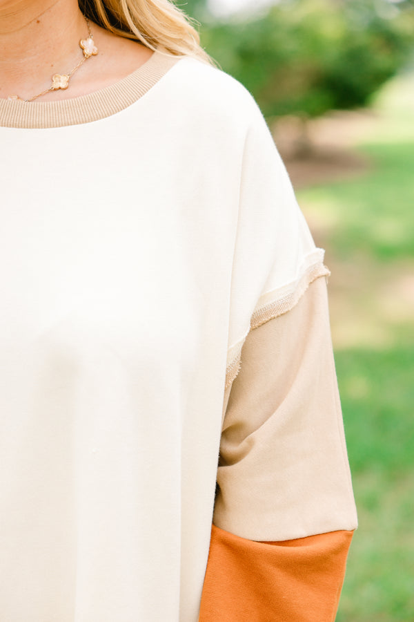 Chic Soul plus size clothing, cream long sleeve crewneck pullover with tan and burnt orange color blocked sleeves