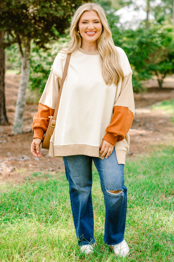 Chic Soul plus size clothing, cream long sleeve crewneck pullover with tan and burnt orange color blocked sleeves