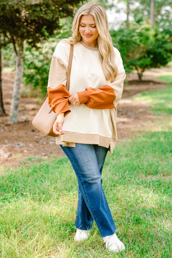 Chic Soul plus size clothing, cream long sleeve crewneck pullover with tan and burnt orange color blocked sleeves