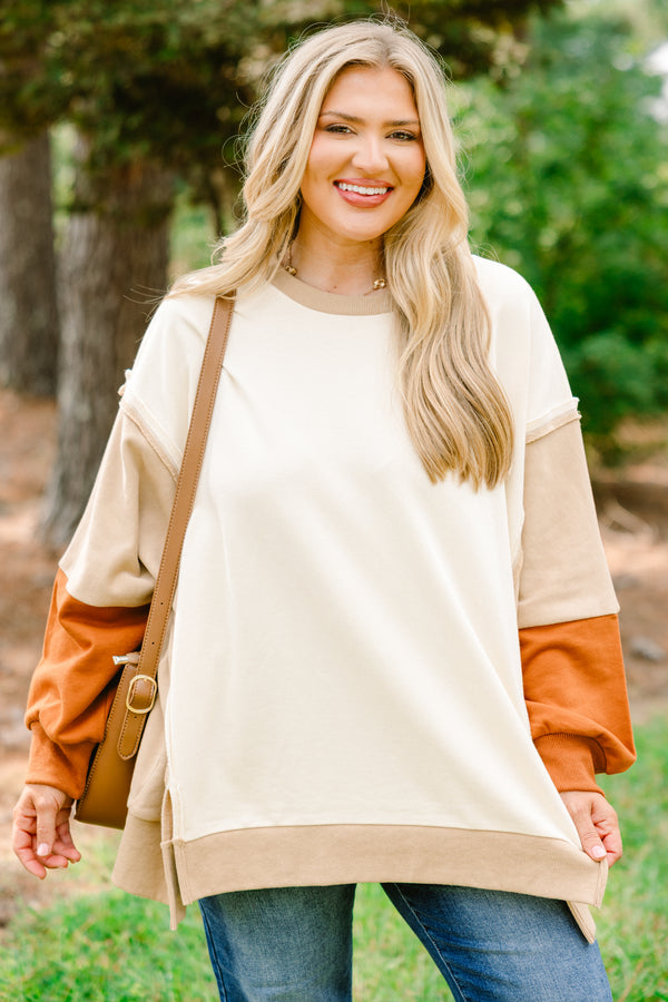 Chic Soul plus size clothing, cream long sleeve crewneck pullover with tan and burnt orange color blocked sleeves