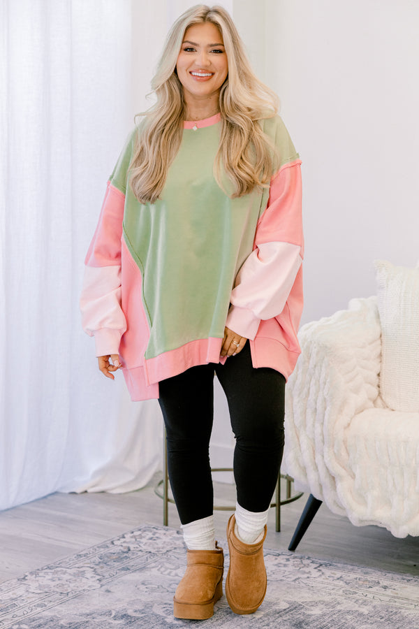 Chic Soul plus size clothing, green and pink color block crewneck long sleeve pullover