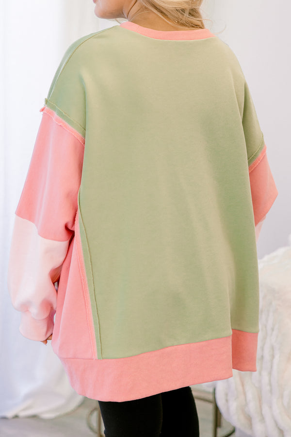 Chic Soul plus size clothing, green and pink color block crewneck long sleeve pullover