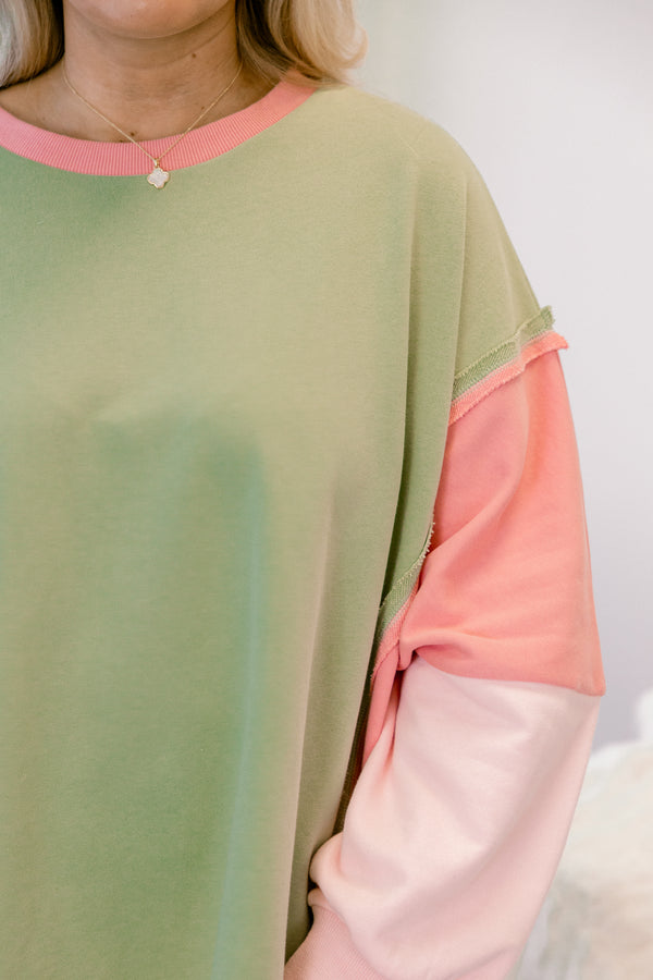 Chic Soul plus size clothing, green and pink color block crewneck long sleeve pullover