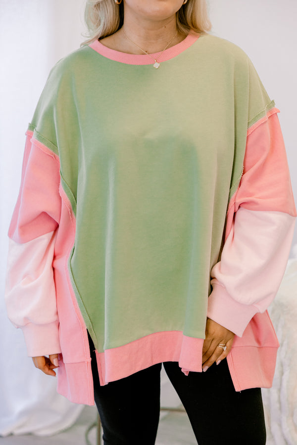 Chic Soul plus size clothing, green and pink color block crewneck long sleeve pullover