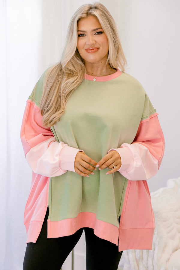 Chic Soul plus size clothing, green and pink color block crewneck long sleeve pullover