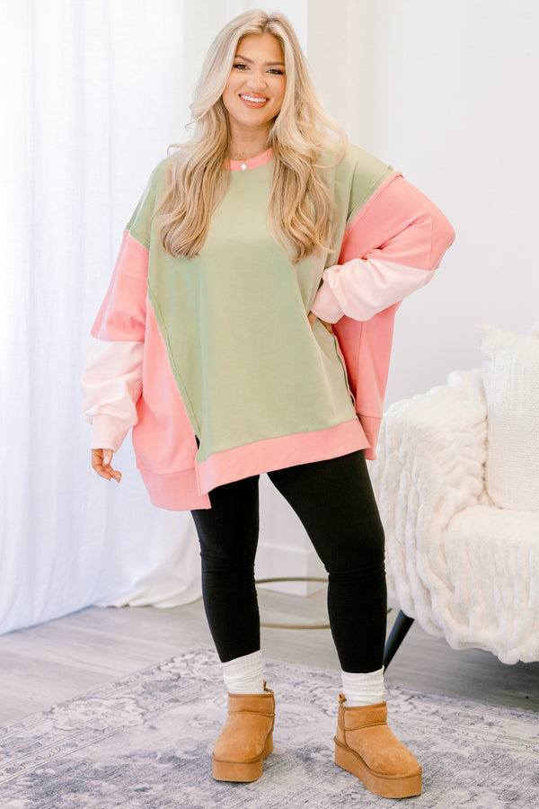 Chic Soul plus size clothing, green and pink color block crewneck long sleeve pullover