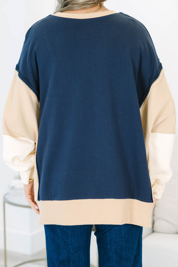 Plus size navy colorblock pullover with tan and cream accents, featuring a relaxed, flowy cotton fit