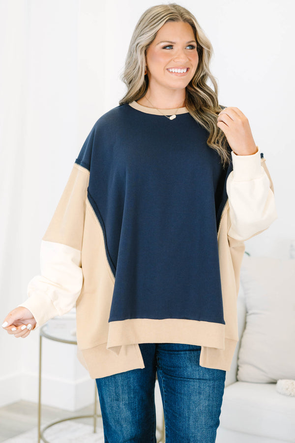 Plus size navy colorblock pullover with tan and cream accents, featuring a relaxed, flowy cotton fit