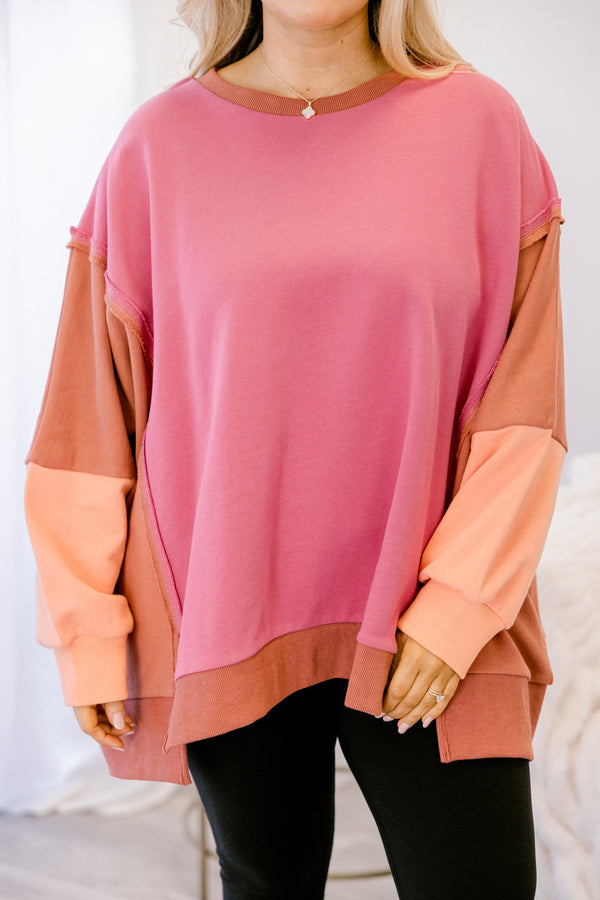Chic Soul plus size clothing, pink and brown color block crewneck pullover 