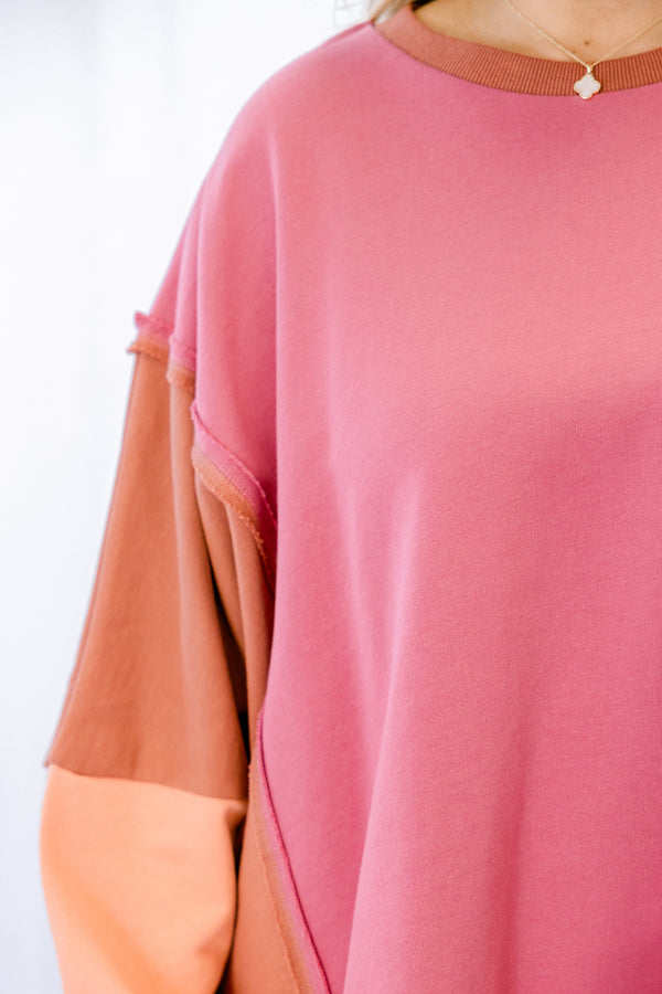 Chic Soul plus size clothing, pink and brown color block crewneck pullover 