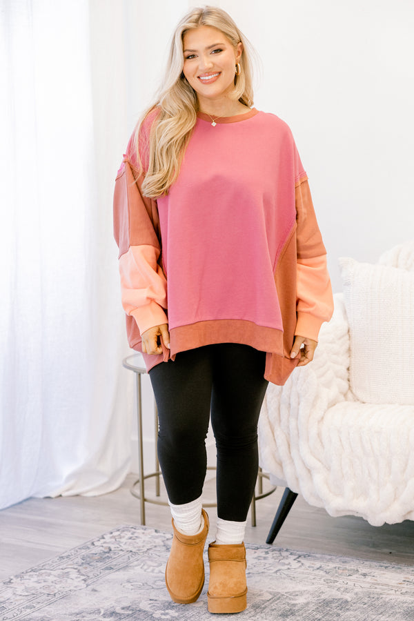 Chic Soul plus size clothing, pink and brown color block crewneck pullover 