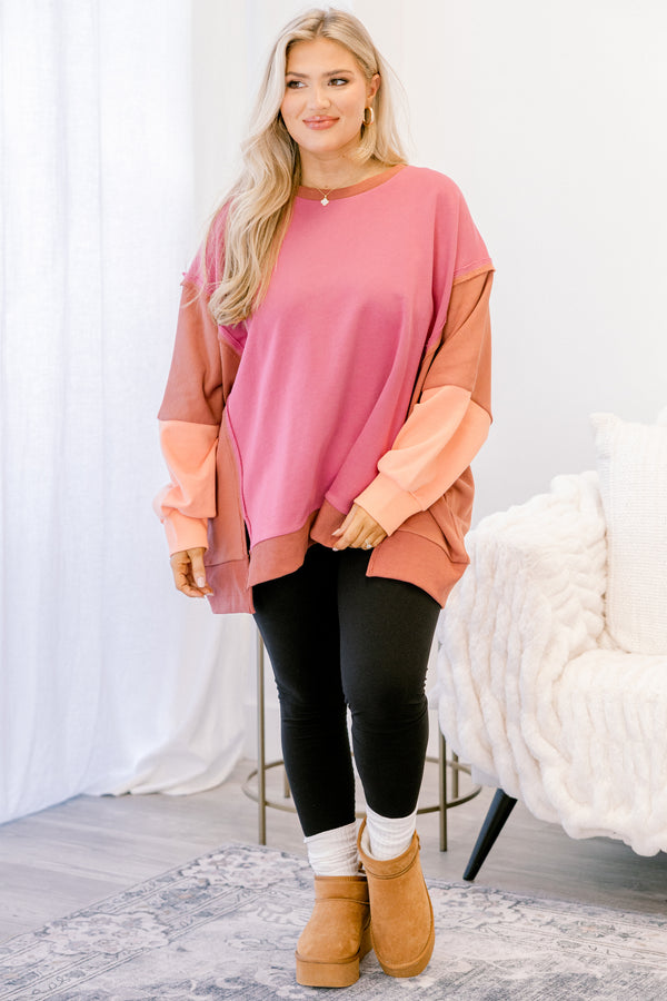 Chic Soul plus size clothing, pink and brown color block crewneck pullover 