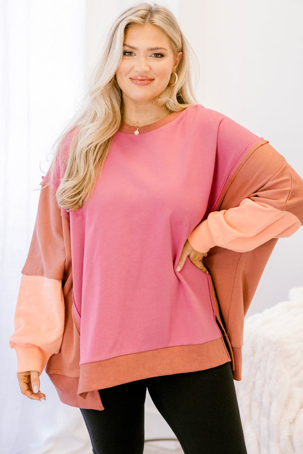 Chic Soul plus size clothing, pink and brown color block crewneck pullover 