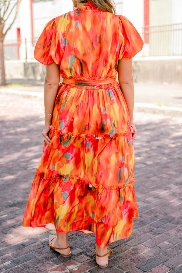 Chic Soul plus size clothing, orange short sleeve tiered maxi dress with an abstract pattern and a bow that ties around the waist 