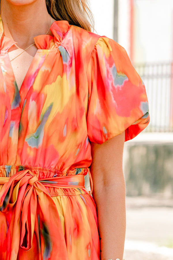 Chic Soul plus size clothing, orange short sleeve tiered maxi dress with an abstract pattern and a bow that ties around the waist 