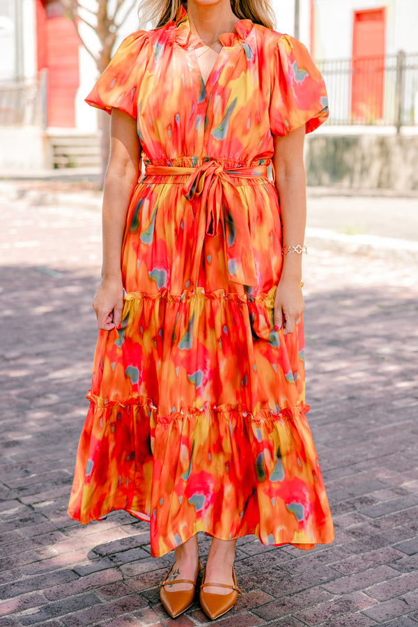 Chic Soul plus size clothing, orange short sleeve tiered maxi dress with an abstract pattern and a bow that ties around the waist 