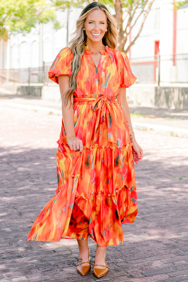Chic Soul plus size clothing, orange short sleeve tiered maxi dress with an abstract pattern and a bow that ties around the waist 