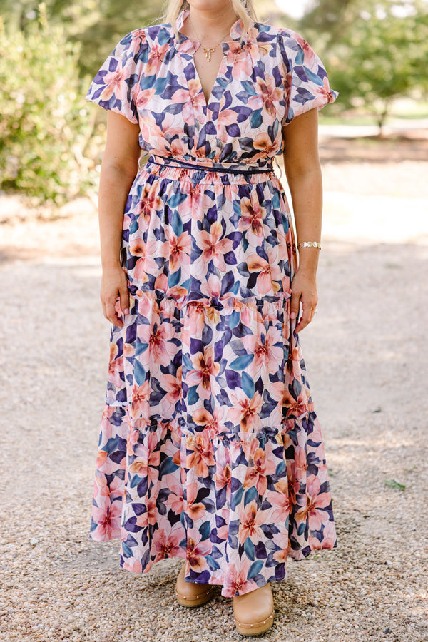 Chic Soul plus size clothing, navy and orange floral print puff sleeve tiered flowy mxi dress with tie belt waist