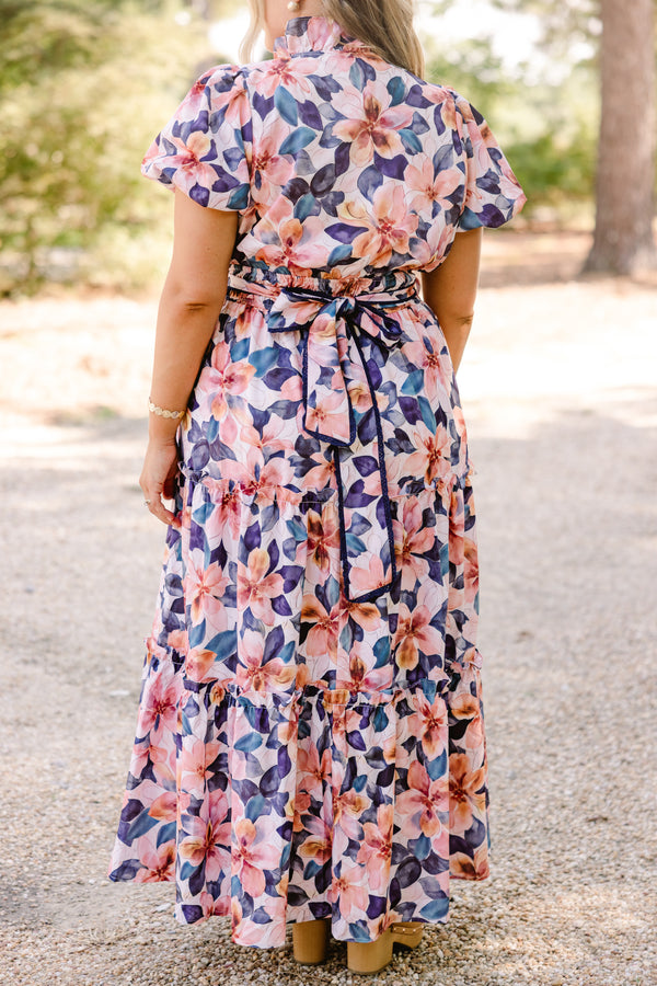 Chic Soul plus size clothing, navy and orange floral print puff sleeve tiered flowy mxi dress with tie belt waist