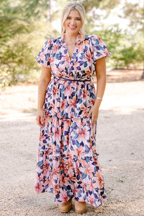 Chic Soul plus size clothing, navy and orange floral print puff sleeve tiered flowy mxi dress with tie belt waist