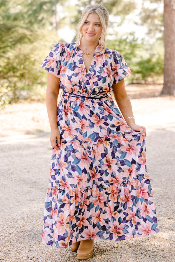 Chic Soul plus size clothing, navy and orange floral print puff sleeve tiered flowy mxi dress with tie belt waist