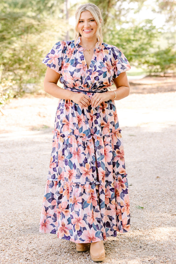 Chic Soul plus size clothing, navy and orange floral print puff sleeve tiered flowy mxi dress with tie belt waist