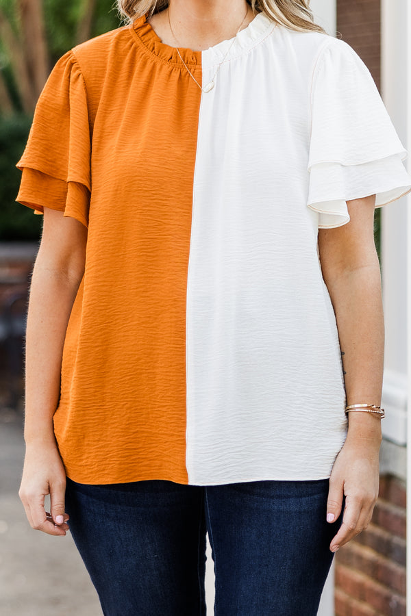 Chic Soul plus size clothing, orange white split color sides short sleeve top with round neckline and tiered ruffle sleeve detail