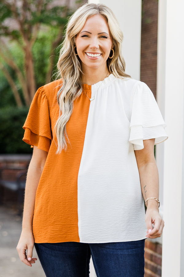 Chic Soul plus size clothing, orange white split color sides short sleeve top with round neckline and tiered ruffle sleeve detail