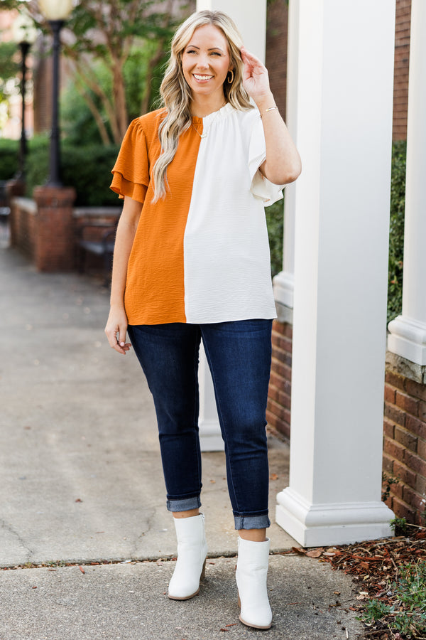 Chic Soul plus size clothing, orange white split color sides short sleeve top with round neckline and tiered ruffle sleeve detail