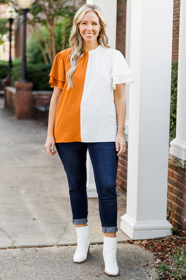 Chic Soul plus size clothing, orange white split color sides short sleeve top with round neckline and tiered ruffle sleeve detail