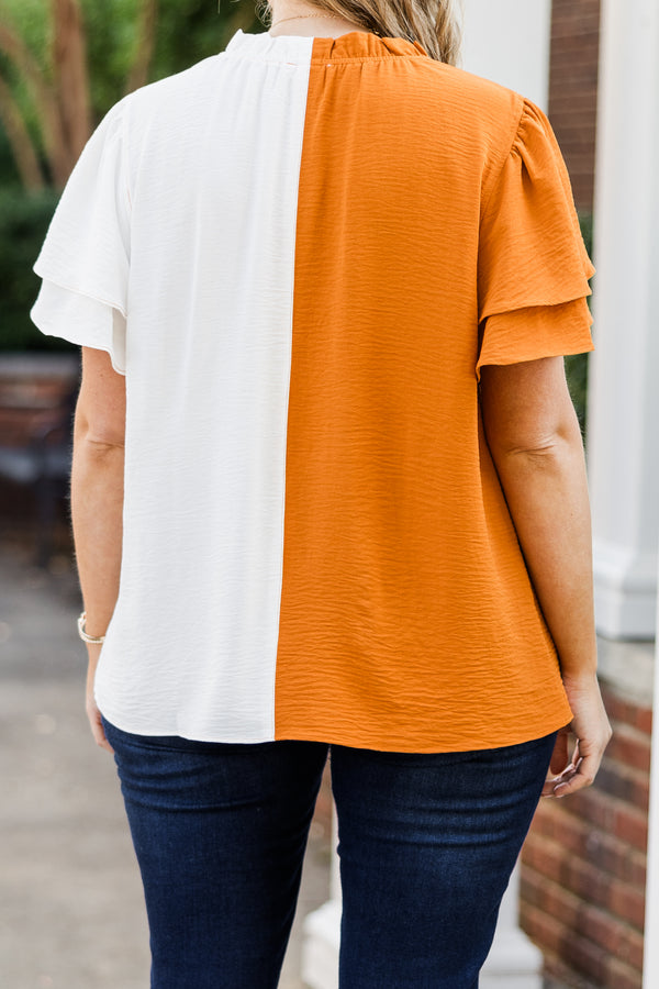 Chic Soul plus size clothing, orange white split color sides short sleeve top with round neckline and tiered ruffle sleeve detail