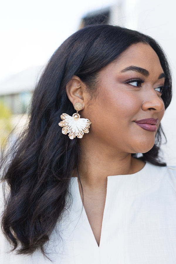 Chic Soul plus size clothing, woven fan shaped dangle earring with a white and natural color as well as a gold pearl detail on the top middle of the dangle 