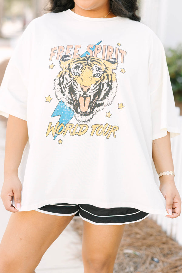 Chic Soul plus size clothing, white oversized boyfriend tee with free spirit world tour tiger graphic
