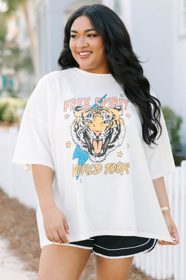 Chic Soul plus size clothing, white oversized boyfriend tee with free spirit world tour tiger graphic