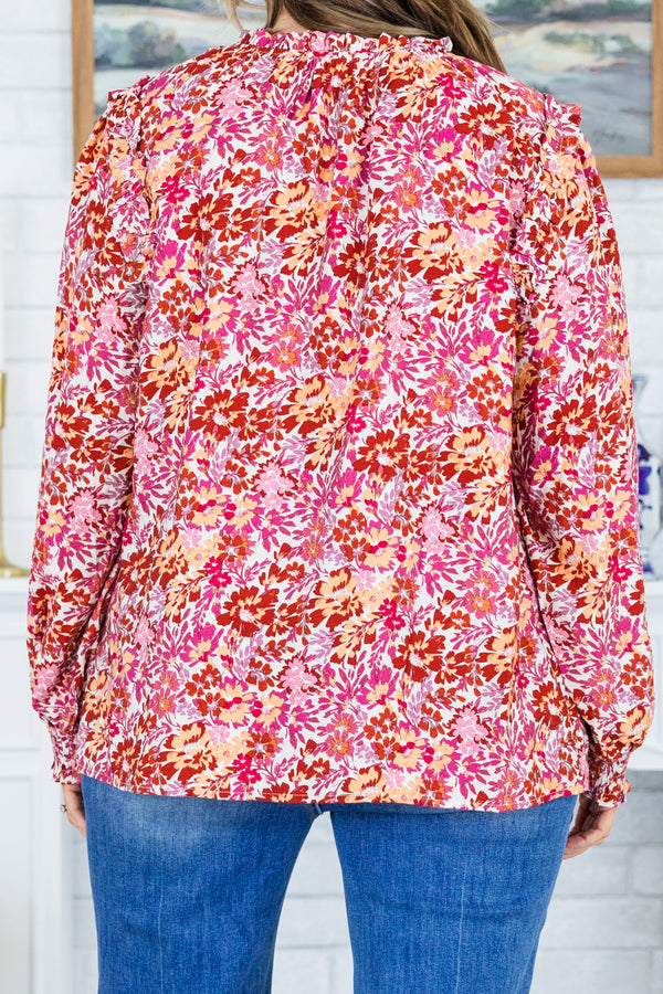 Chic Soul plus size clothing, long-puffed-sleeve maroon multi-colored floral patterned blouse with smocked mock-neck and smocked wristline