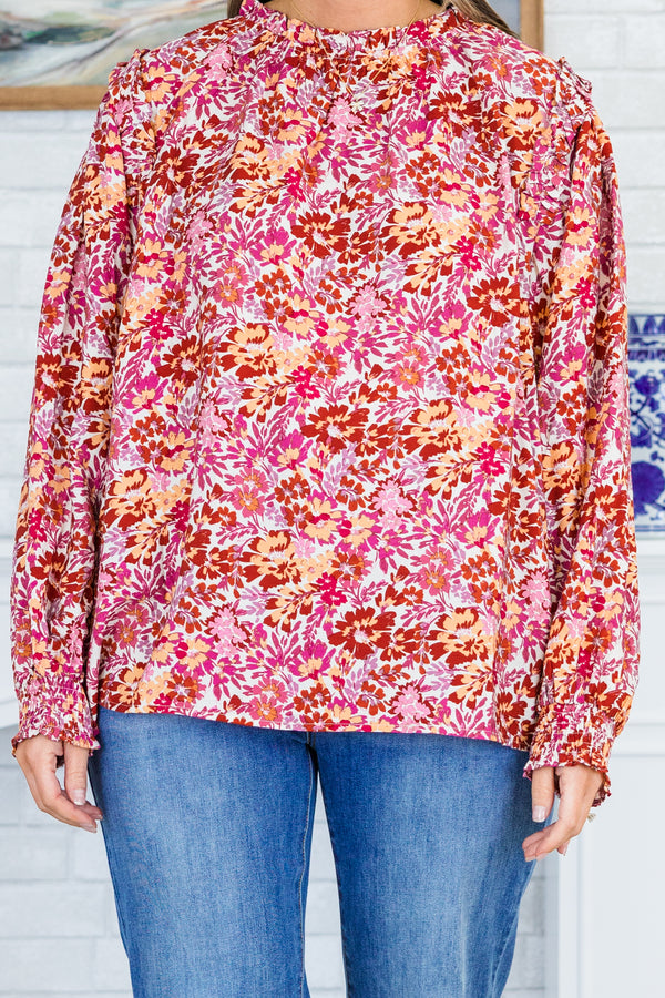 Chic Soul plus size clothing, long-puffed-sleeve maroon multi-colored floral patterned blouse with smocked mock-neck and smocked wristline