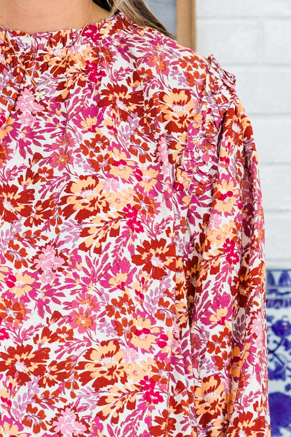 Chic Soul plus size clothing, long-puffed-sleeve maroon multi-colored floral patterned blouse with smocked mock-neck and smocked wristline