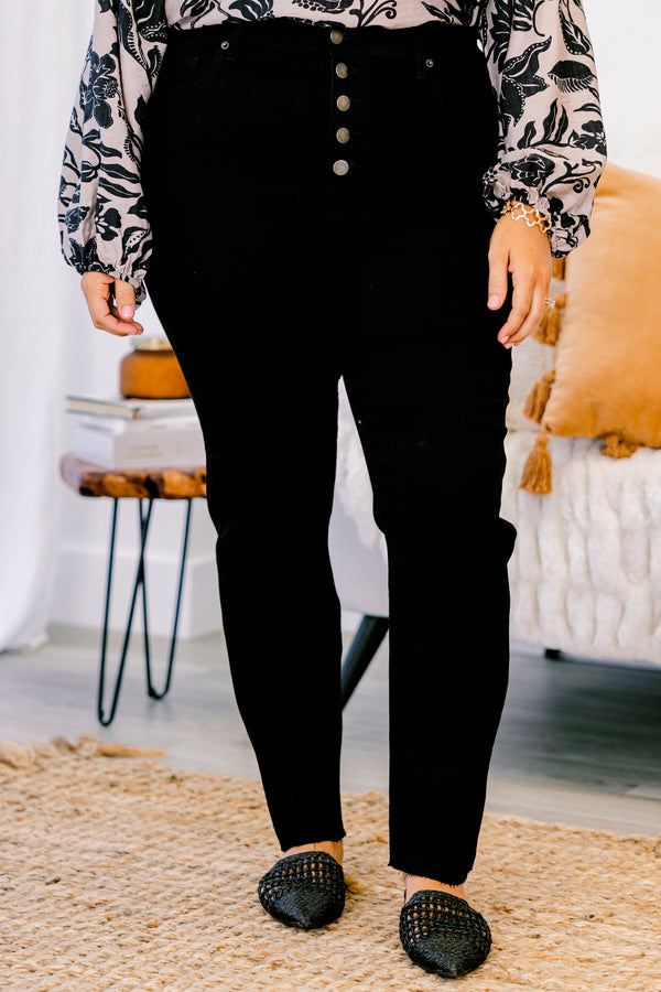 Chic Soul plus size clothing, black straight leg jeans with four buttons and front pockets 