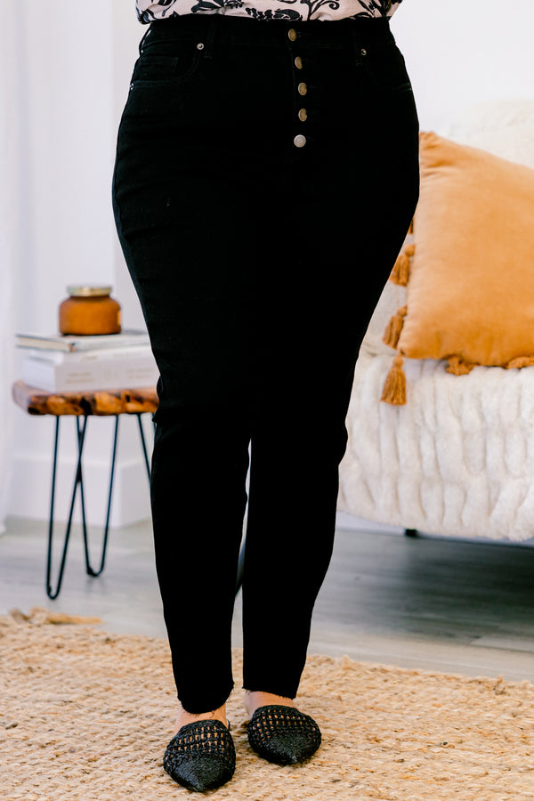 Chic Soul plus size clothing, black straight leg jeans with four buttons and front pockets 