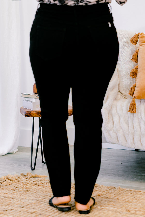 Chic Soul plus size clothing, black straight leg jeans with four buttons and front pockets 