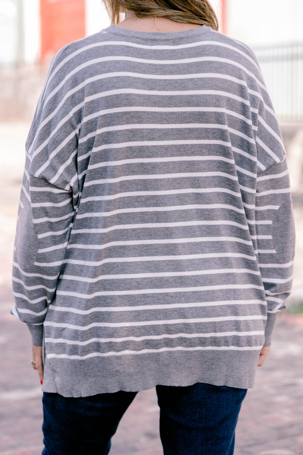 Chic Soul plus size clothing, charcoal gray and white stripe long sleeve top 