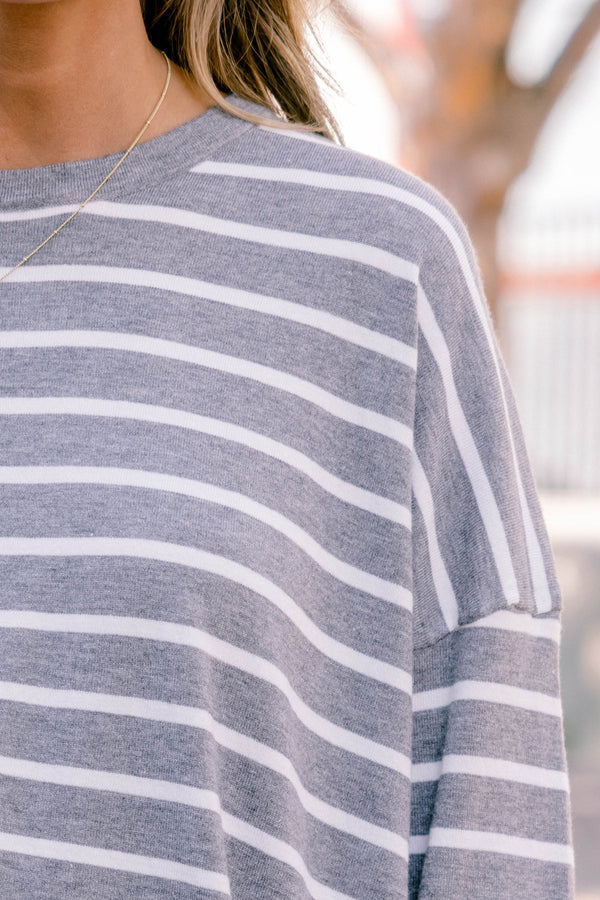 Chic Soul plus size clothing, charcoal gray and white stripe long sleeve top 