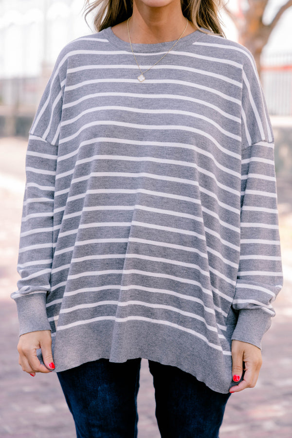 Chic Soul plus size clothing, charcoal gray and white stripe long sleeve top 