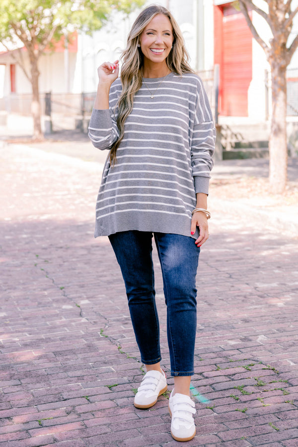 Chic Soul plus size clothing, charcoal gray and white stripe long sleeve top