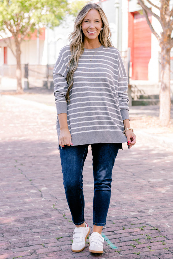 Chic Soul plus size clothing, charcoal gray and white stripe long sleeve top 