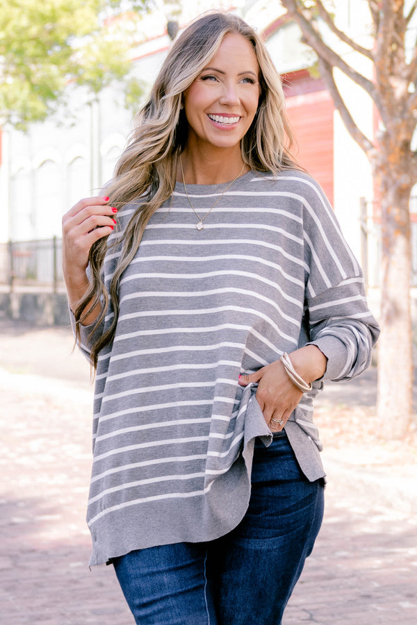 Chic Soul plus size clothing, charcoal gray and white stripe long sleeve top 
