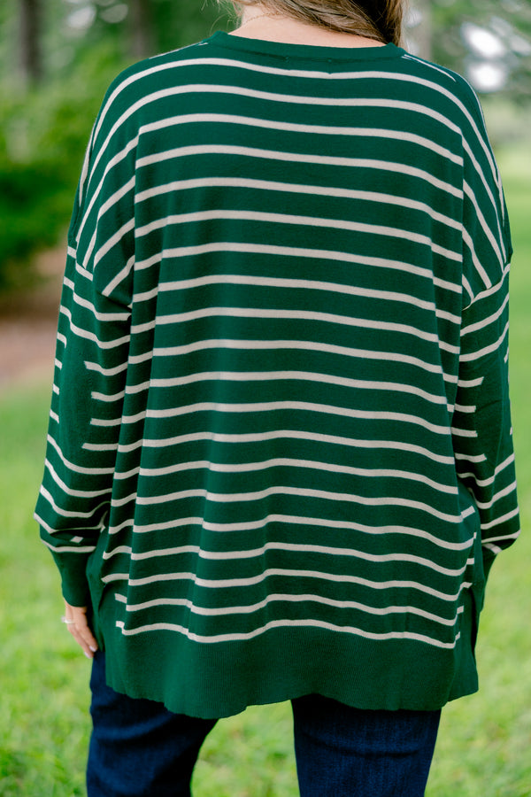 Chic Soul plus size clothing, green long sleeve top with a white striped detail 