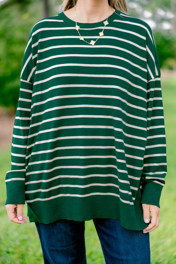 Chic Soul plus size clothing, green long sleeve top with a white striped detail 