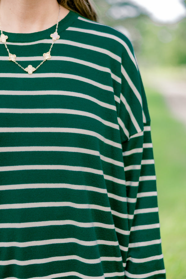 Chic Soul plus size clothing, green long sleeve top with a white striped detail 
